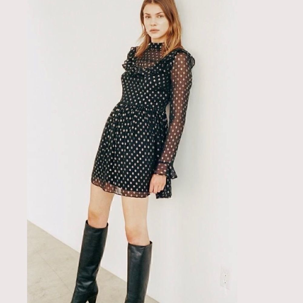 ROBERT RODRIGUEZ CAMILLE POLKA DOT SILK CHIFFON LONG SLEEVE DRESS BLACK SIZE 6